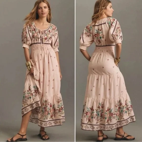 By Anthropologie-Pink Somerset puff sleeve maxi dress with floral print.Large - Picture 1 of 12